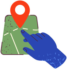 Poster - Gps navigation, tracking for app ads web banner interface. Human hand points to map of area with mark. Map for orientation while hiking and determination of distance. Road and street signs on paper