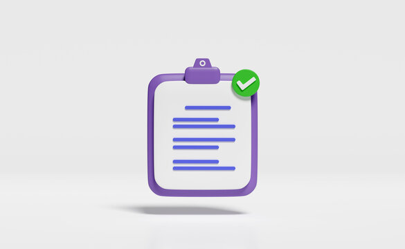 3d purple clipboard white checklist paper icon with check isolated on white background. project plan, business strategy concept, 3d render illustration