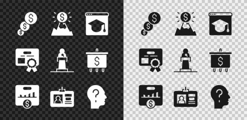 Poster - Set Financial growth and dollar, Mountains with flag, Online education, Key performance indicator, Identification badge, Head question mark, Certificate template and Speaker icon. Vector