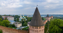 Aerial View Of Zaaltarnaya Tower Of The Kremlin On Cloudy Summer Day. Smolensk, Smolensk Oblast, Russia..
