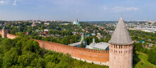 Panoramic Aerial View Of Veselukha Tower Of The Kremlin And Pokrovskaya Church On Sunny Day. Smolensk, Smolensk Oblast, Russia..