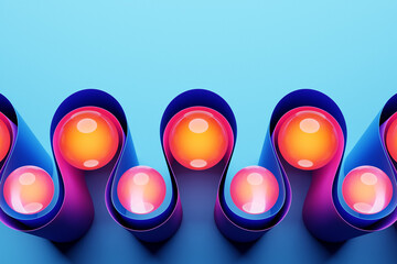 Poster - 3d illustration of a geometric  blue wave surface with glowing colorful balls inside. Pattern of simple geometric shapes