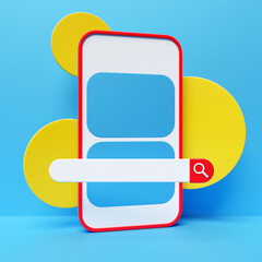 Poster - 3D colorful illustration of a modern smartphone with an information search bar on a blue  background. 