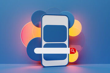 Poster - 3D colorful illustration of a modern smartphone with an information search bar on a blue background. 