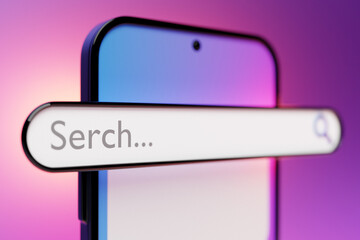 Fototapete - 3D colorful illustration of a modern smartphone with an information search bar on a pink background.