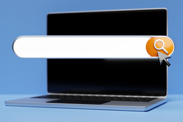 Poster - 3d illustration laptop with search frame, box, internet panel with magnifying glass icon, big white box for selection of options on blue background