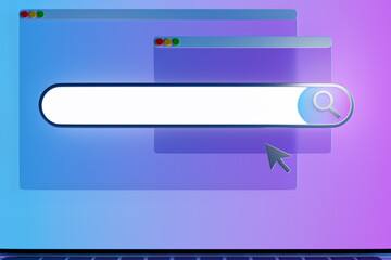 Fototapete - 3D illustration search frame, box, web bar with magnifying glass icon on purple background. Internet search
