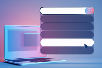 Fototapete - 3d illustration laptop with search frame, box, internet panel with magnifying glass icon, big white box for selection of options on blue background
