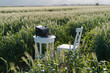 Dream writer's workplace in green wheat field surrounded by hills at sunset. Retro typewriter with blank paper sheet on white vintage table with wooden chair. Creative freedom and remote work concept