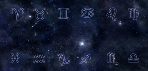 Wall Mural - the twelve celestial signs of the zodiac dark night sky banner - beautiful dark blue cosmos backgrou