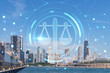 City view, downtown skyscrapers, Chicago skyline panorama, Lake Michigan, harbor area, day time, Illinois, USA. Glowing hologram legal icons. The concept of law, order, regulations and digital justice