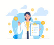 © charactervectorart - Smiling female doctor in lab coat with list of recommendations, instructions, tips in her hands on blue background. Flat vector illustration.