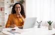 Leinwandbild Motiv Happy Brunette Business Lady Using Laptop Posing Sitting In Office