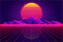 Retro Sci-Fi Futuristic Background 1980s And 1990s Style 3d Illustration. Digital Landscape In A Cyber World. For Use As Design Cover.