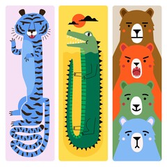 Wall Mural - Vector collection with tiger, funny crocodile and different emotion bears. Trendy concept print set with animals