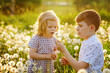 School kid boy and little baby girl blowing on a dandelion flowers on the nature in the summer. Happy healthy toddler and school children with blowballs, having fun. Family of two love, together