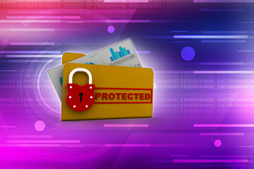 Poster - Yellow folder and lock. Data security concept. 3D rendering
