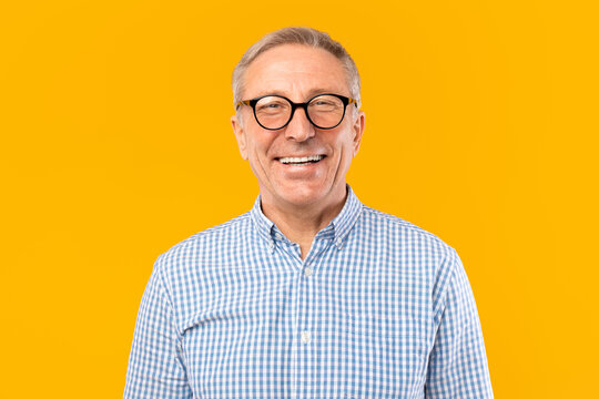 Portrait of smiling mature man in glasses posing at studio