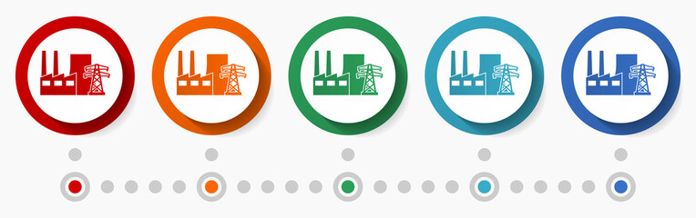 Aufkleber - Coal power station concept vector icon set, infographic template, flat design circle colorful web buttons in 5 color options