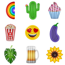Set Of Isolated Floating Mattresses. Pool Inflatables In The Shape Of Rainbow, Cactus, Cupcake Pop Corn Bucket, Emoticon, Eggplant, Leaf, Beer Mug And Sunflower