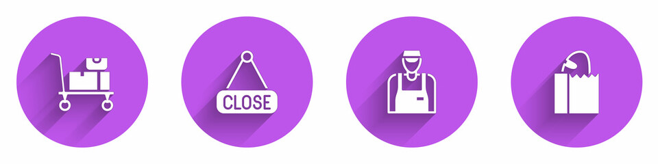 Poster - Set Hand truck and boxes, Hanging sign with Closed, Seller and Paper bag bread loaf icon with long shadow. Vector