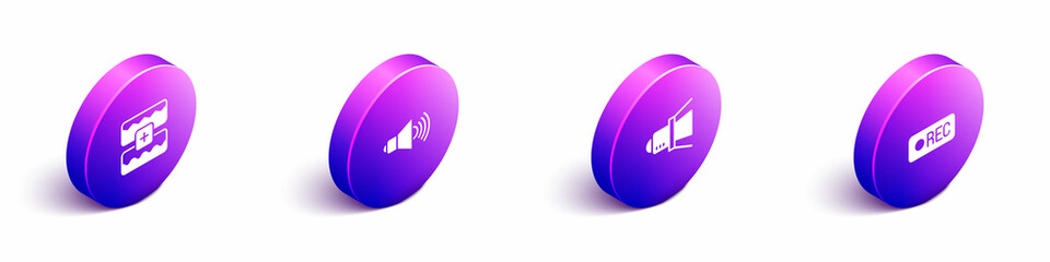 Set Isometric Music wave equalizer, Speaker volume, Movie spotlight and Record button icon. Vector