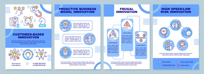 Future innovation concepts blue brochure template. Business model. Leaflet design with linear icons. 4 vector layouts for presentation, annual reports. Arial-Black, Myriad Pro-Regular fonts used