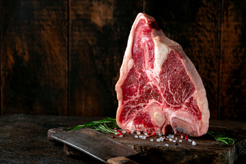 Wall Mural - Large raw t-bone steak on a wooden board with seasonings and pepper. Fresh beef meat dry aged in a butcher shop