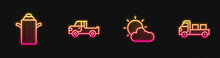 Set Line Sun And Cloud Weather, Can Container For Milk, Pickup Truck And . Glowing Neon Icon. Vector