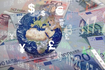 Sticker - World ball on banknotes with currency sign include dollar euro yen yuan pound sterling for money transfer