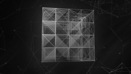 Poster - abstract 3d cube of plexus matter on a blue background. motion. transforming cubic shape of lines an