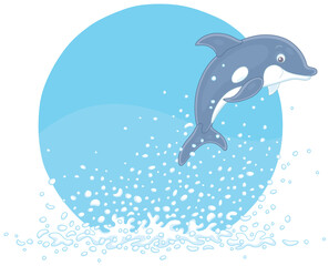 Wall Mural - Merry playful little dolphin in splashes jumping out of water in a tropical sea, vector cartoon illustration isolated on a white background