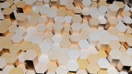 Poster - Hexagons move on surface. Design. Surfaces with moving columns of hexagons. Beautiful pillars rise above surface in shape of honeycombs