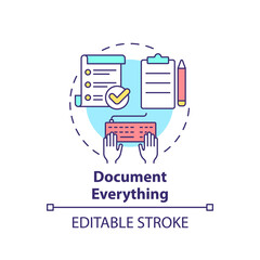 Sticker - Document everything concept icon. Effective communication management abstract idea thin line illustration. Create content. Isolated outline drawing. Editable stroke. Arial, Myriad Pro-Bold fonts used