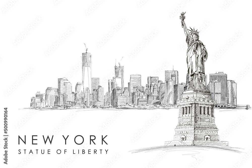 statue of liberty NEW YORK HAND DRAWING SKETCH PANORAMA POSTER LEAFLET ...