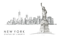 Statue Of Liberty NEW YORK HAND DRAWING SKETCH PANORAMA POSTER LEAFLET