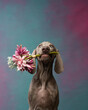 weimaraner puppy with flower