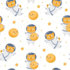 Wall Mural - Seamless vector pattern. Cat astronaut flying in space, smiling moon, stars, space. Cute children's print. 