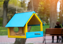 Wooden Blue And Yellow Birdhouse On A Rope In The Farm Park Zone. Shelter For Bird Breeding, Nesting Box On A Tree. Food Box For Starving Animals.
