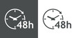 Logo con texto 48 h con silueta de esfera de reloj simple con líneas con forma de flecha en círculo en fondo gris y fondo blanco