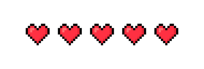 Five pixel hearts collection. Pixel game life bar, gaming controller. Rate your love. Love measuring indicator with hearts. Vector art 8 bit