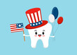 4 th of July tooth with flag and balloons dental icon isolated. Dentist cute kawaii tooth character in Uncle Sam hat. Flat design cartoon style vector independence day dental illustration.