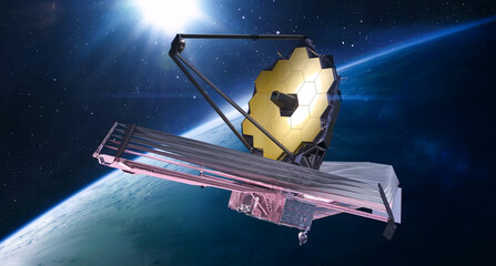 Aufkleber - JWST in outer space. James Webb telescope far galaxy explore. Observatory on orbit of Earth planet. Sci-fi space collage. Astronomy science. Elemets of this image furnished by NASA
