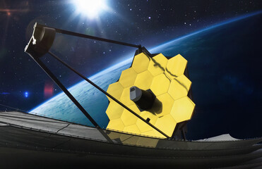 Leinwandbilder - James Webb telescope in outer space. JWST Observatory far galaxy explore. Observatory on orbit of Earth planet. Sci-fi space collage. Astronomy science. Elemets of this image furnished by NASA
