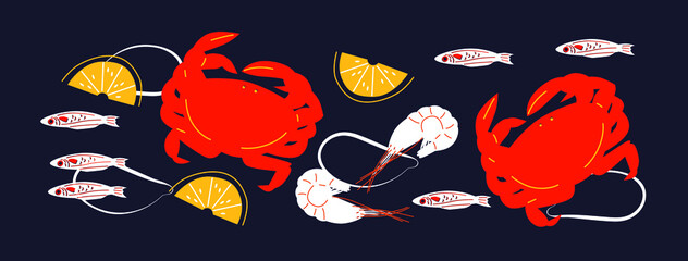 Cute appetizing Seafood collection. Decorative abstract horizontal banner with colorful doodles. Hand-drawn modern illustrations with Seafood, abstract elements. Abstract Shrimp, lobster, fish, lemon.