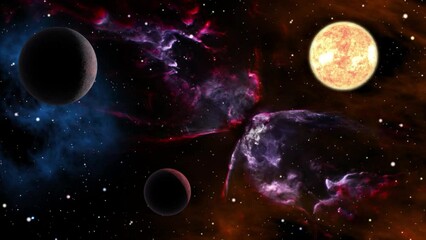 Wall Mural - Space flight slowly moving through universe among planets galaxies stars and nebulae