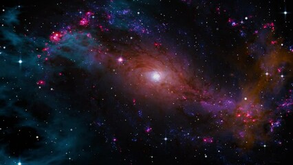 space flight slowly moving through universe among planets galaxies stars and nebulae