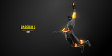 Abstract Silhouette Of A Baseball Player On Black Background. Realistic Baseball Player Batter Hits The Ball. Vector Illustration