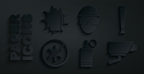 Wall Mural - Set Hand grenade, Police rubber baton, Protest, Security camera, Special forces soldier and icon. Vector