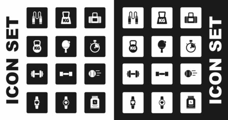 Canvas Print - Set Sport bag, Racket and ball, Kettlebell, Jump rope, Stopwatch, Weight, Tennis and Dumbbell icon. Vector